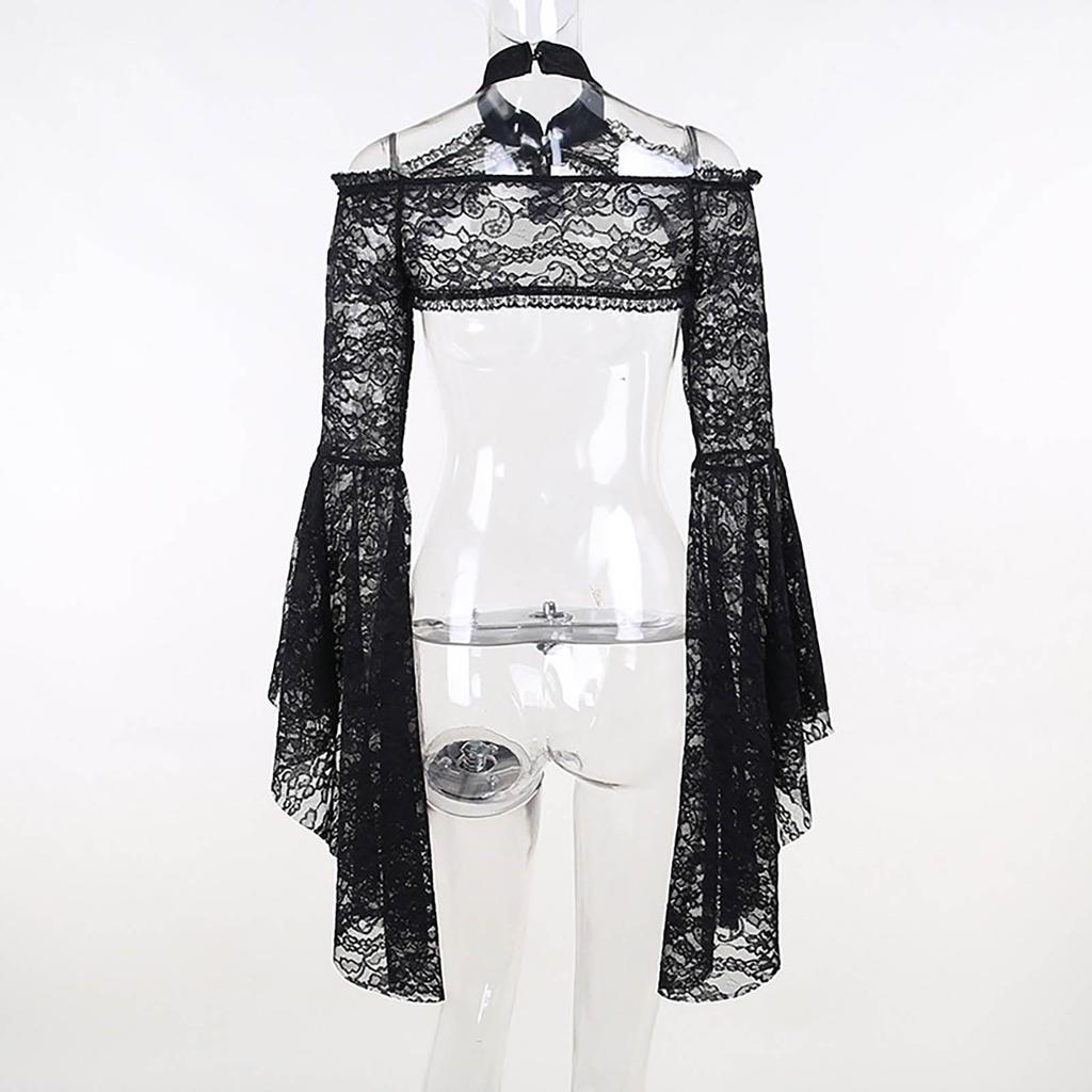 Gothic See Through Shrug Tops Grunge Aesthetic Black Flare Sleeve Crop Top Women Streetwear Vintage Punk Sexy Clothing