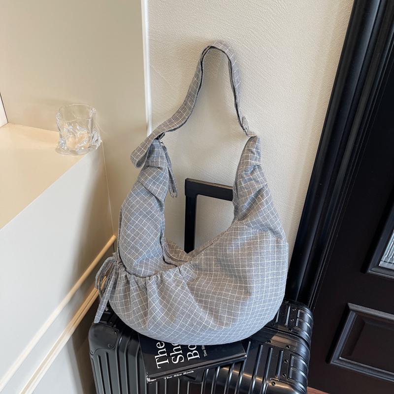 Women's Large Capacity Crossbody Bag Canvas Pleated Plaid Nylon Bag Commuter Shoulder Bag