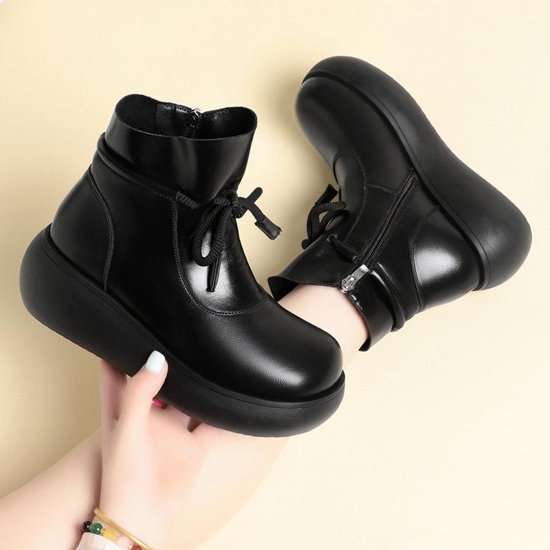 Autumn and Winter New Retro Thick-soled Soft Leather Martin Boots Lace-up Light Short Boots Velvet Warm Women's Shoes Comfortable Cotton Shoes