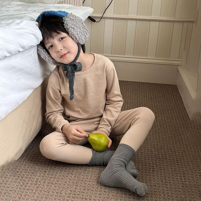 Kids Cotton Wool Blend Pajama Set Solid Color Soft Homewear Girls Boys
