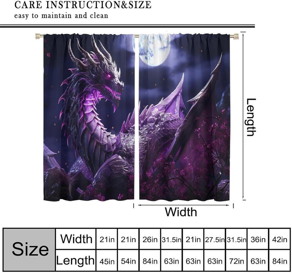 Dragon Curtains for Bedroom  Mystic Courage Fantasy Purple Night Sky Legend Epic Treasure Spitting Fire Dragon Window Drapes Prin