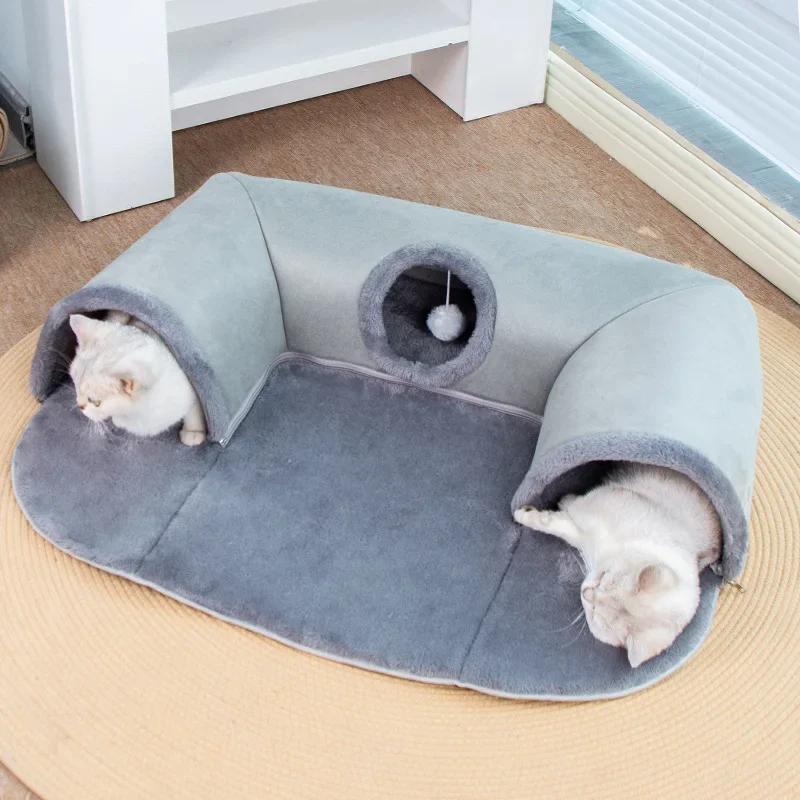 Cozy 3-in-1 Pet Tunnel Bed-Warm Nest Play Mat with Non-Slip Base Ideal for Small/Medium Cats Dogs & Rabbits Home Kennel Products