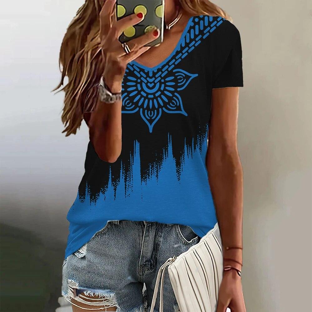 Gradient Pattern Women's T Shirt Summer V Neck Casual Short Sleeve Tees Female Oversized Harajuku Clothing Fashion Girls Blouse