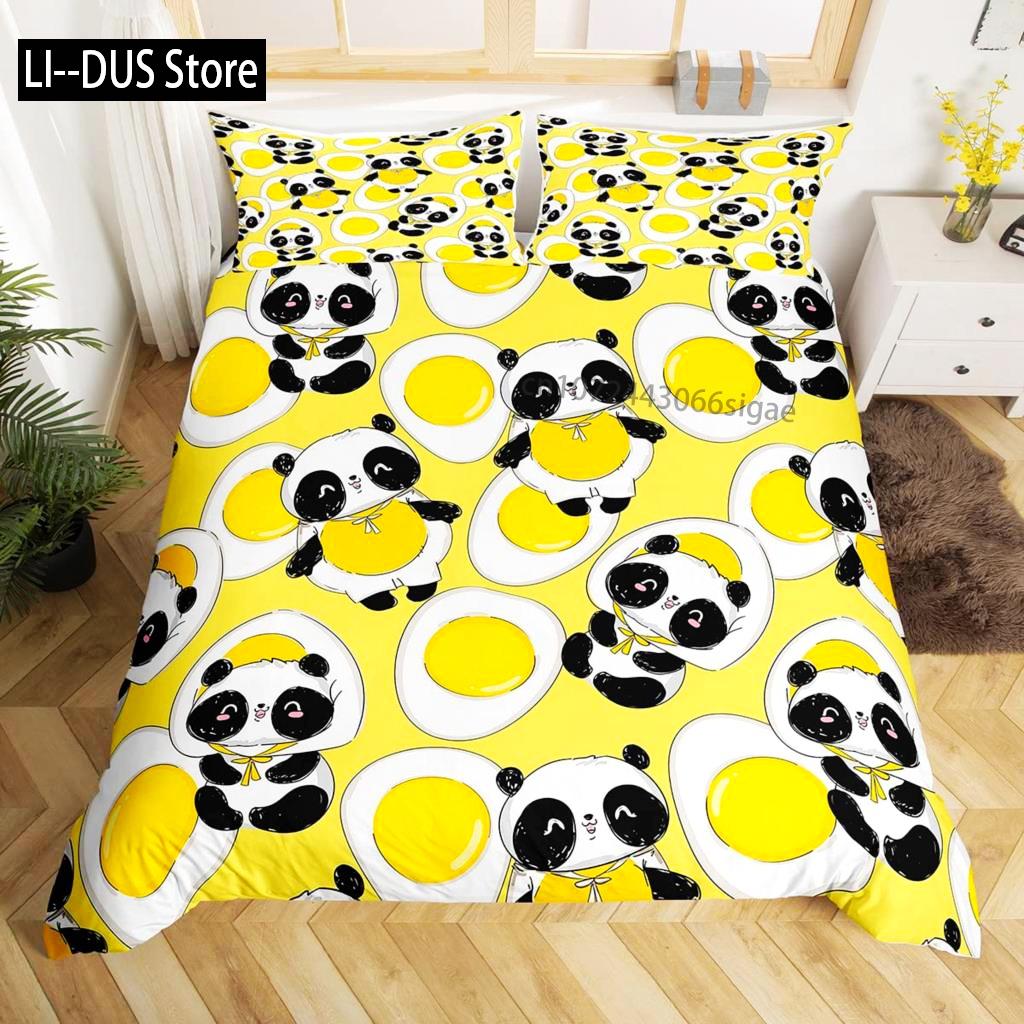 Panda Duvet Cover Set King Size Black And White Animal Comforter Cover With Pillowcases Starry Sky Blue Ultra Soft Quilt Cover