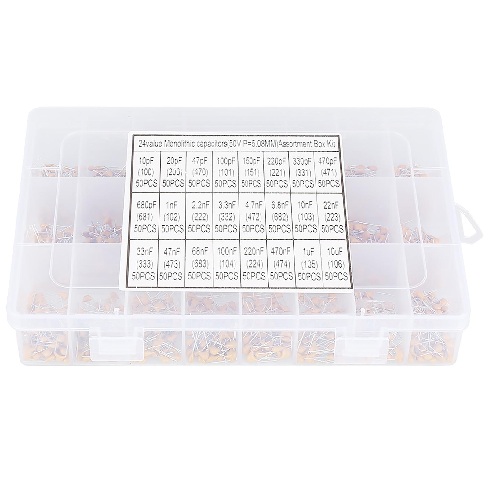 

1200Pcs 24 Values 50V 10pF‑10uF Monolithic Ceramic Capacitor Assorted Kit Capacitor Assortment Capacitor Electronic Capacitor