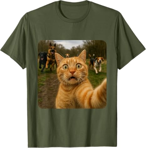 Lustiges Katzen-Selfie mit Hunden Y2k Design T-Shirt Comic Haustier Katze und Hund Grafik Outfit Humor Kätzchen Liebhaber Neuheit Geschenke Baumwoll Oberteile