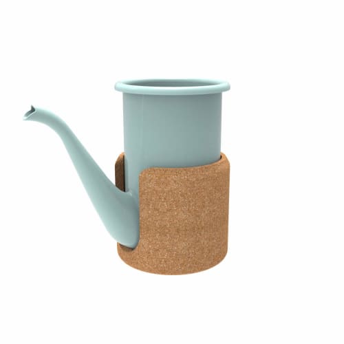 Form Lady cupPot, a Hand-operated Enamel Pot, In Brown and Omoiki Peppermint Blue.