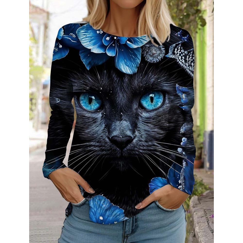 Christmas Cute Cat Women s Long Sleeves T-Shirt Autumn Animal Clothing Holiday Gift Clothing Fashion Casual Party S