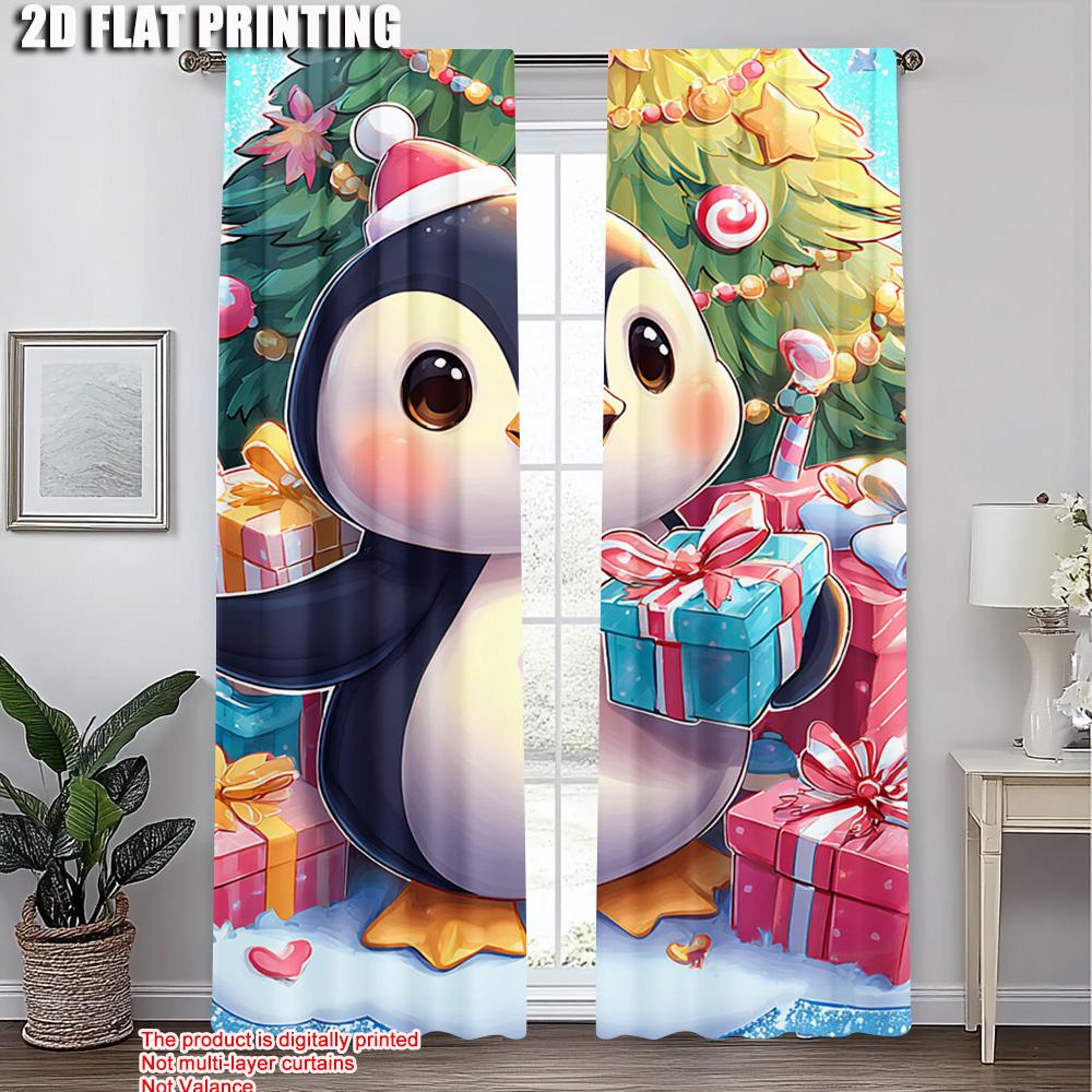 2pcs,2D Plane Printing Curtain Popular Merry Christmas Penguin with Santa Hat & Candy Canes Polyester Easy Install (without Rod)
