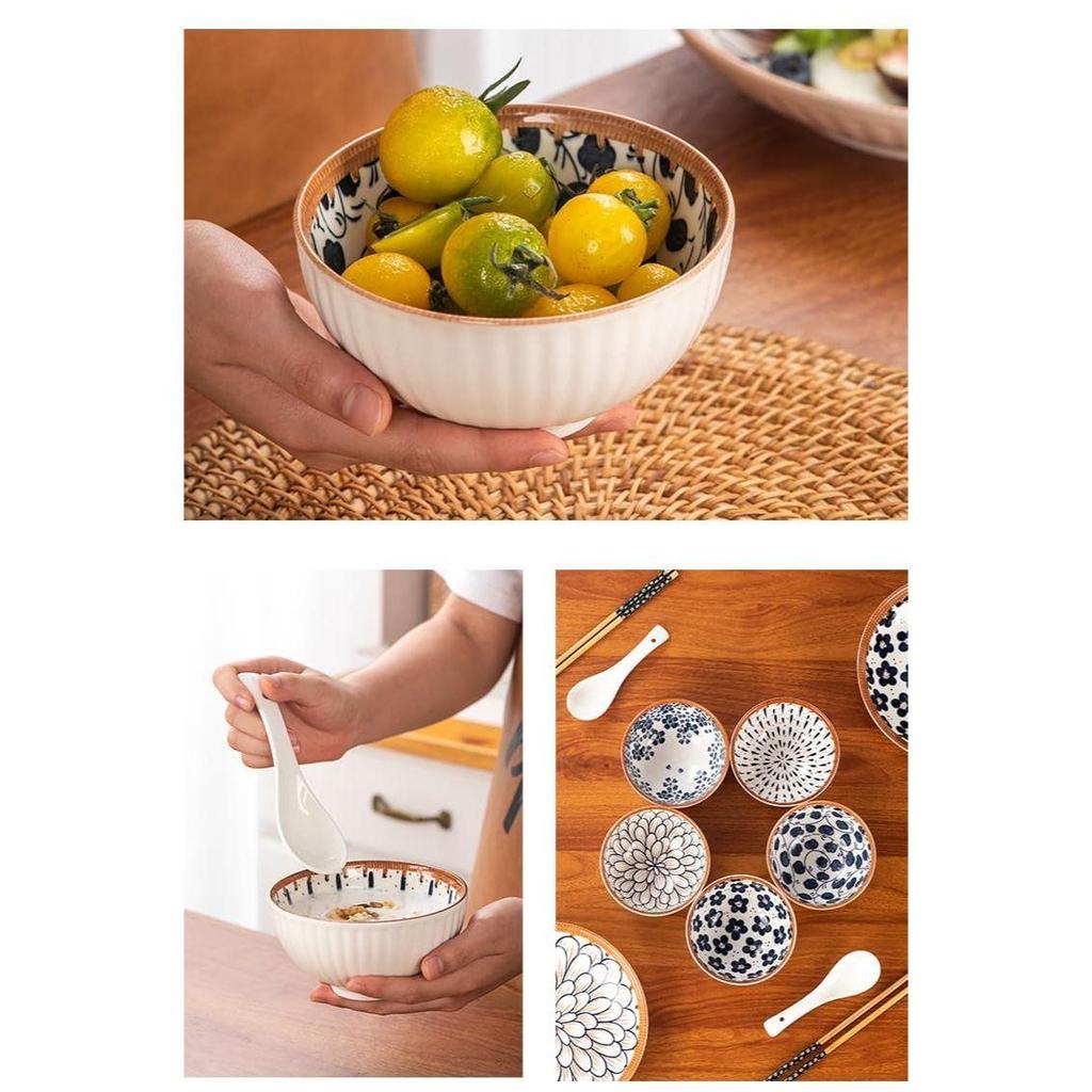 Porcelain Japanese Ramen Bowls And Spoons Set With Chopsticks-Rice Or Soup And Noodles Dessert Bowls For Rice Soup Snack Bowl Microwave