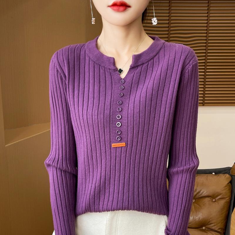 Autumn and Winter New Knitted Pullover with Buckle Draw Inside with Regular Round Neck Long-sleeved Bottomed Velvet Shirt