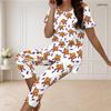 Women Plus Size Cartoon Monster Printed Round Neck Short Sleeve Top Capri Pants Two Piece Pajama Set