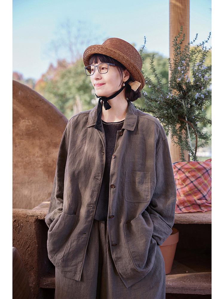 Spring Summer Retro Women's Tea Brown Linen Plus Size Slimming Loose Lapel Shirt Outerwear