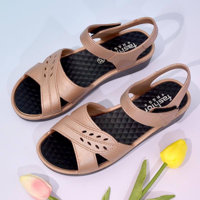 

2025 Summer New Casual Mom Shoes with Slope Heel Thick Bottom Anti Slip Soft Bottom Sandals Velcro Beach Shoes 40 золотой