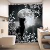 Czarny Kot Księżyc Zasłona Prysznicowa Mistyczna Noc Kwiat Wiśni Kwiatowy Gotycki Nowoczesny Estetyczny Tkanina Wodoodporny Poliester
