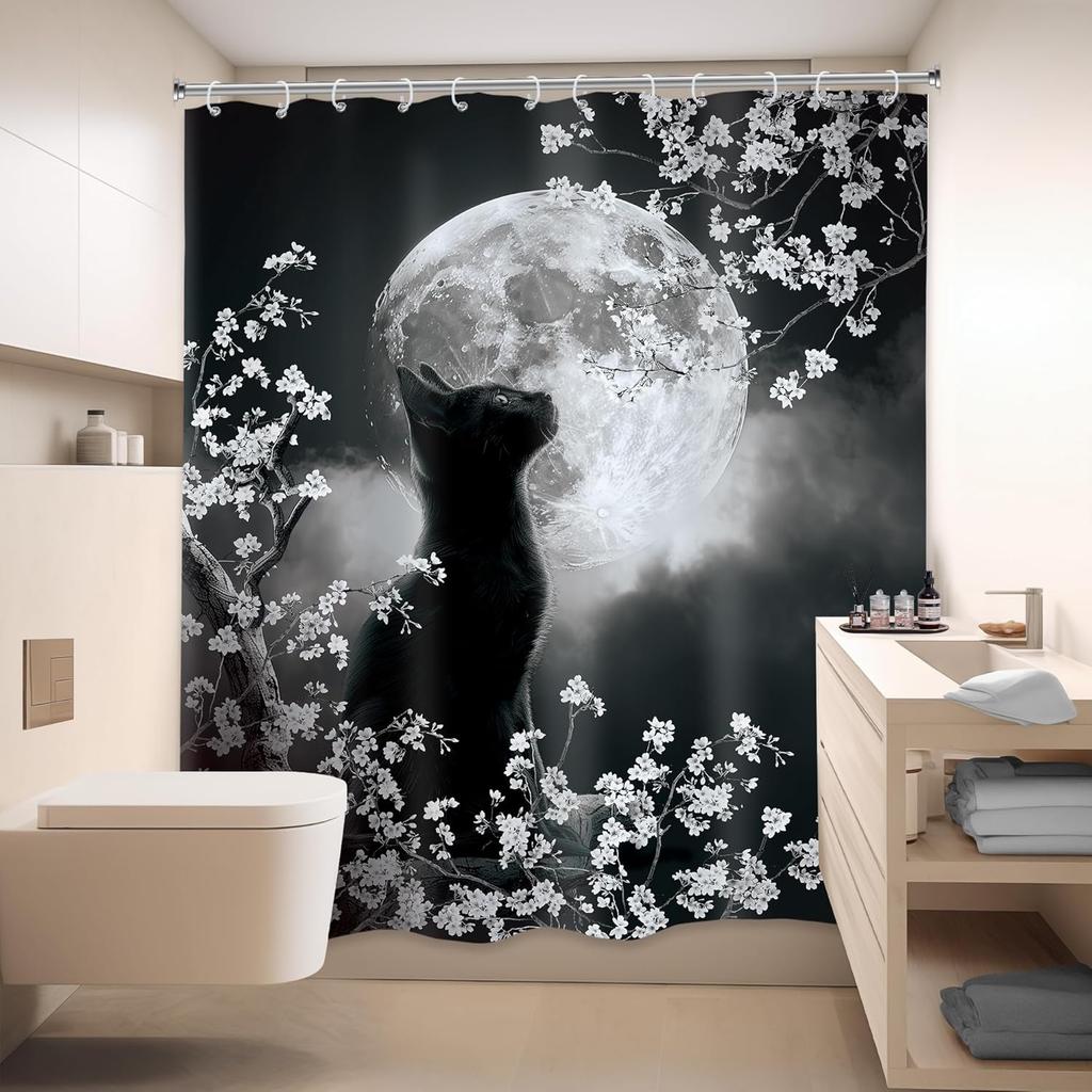 Czarny Kot Księżyc Zasłona Prysznicowa Mistyczna Noc Kwiat Wiśni Kwiatowy Gotycki Nowoczesny Estetyczny Tkanina Wodoodporny Poliester