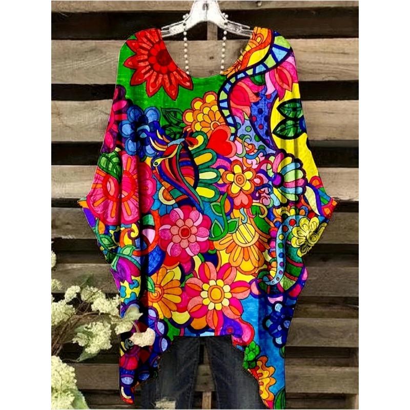 New Women's T-Shirt Vintage Floral Pattern Printed Asymmetrical Hem O-Neck Short Sleeve Top Casual Fashion Street Outdoor Tops