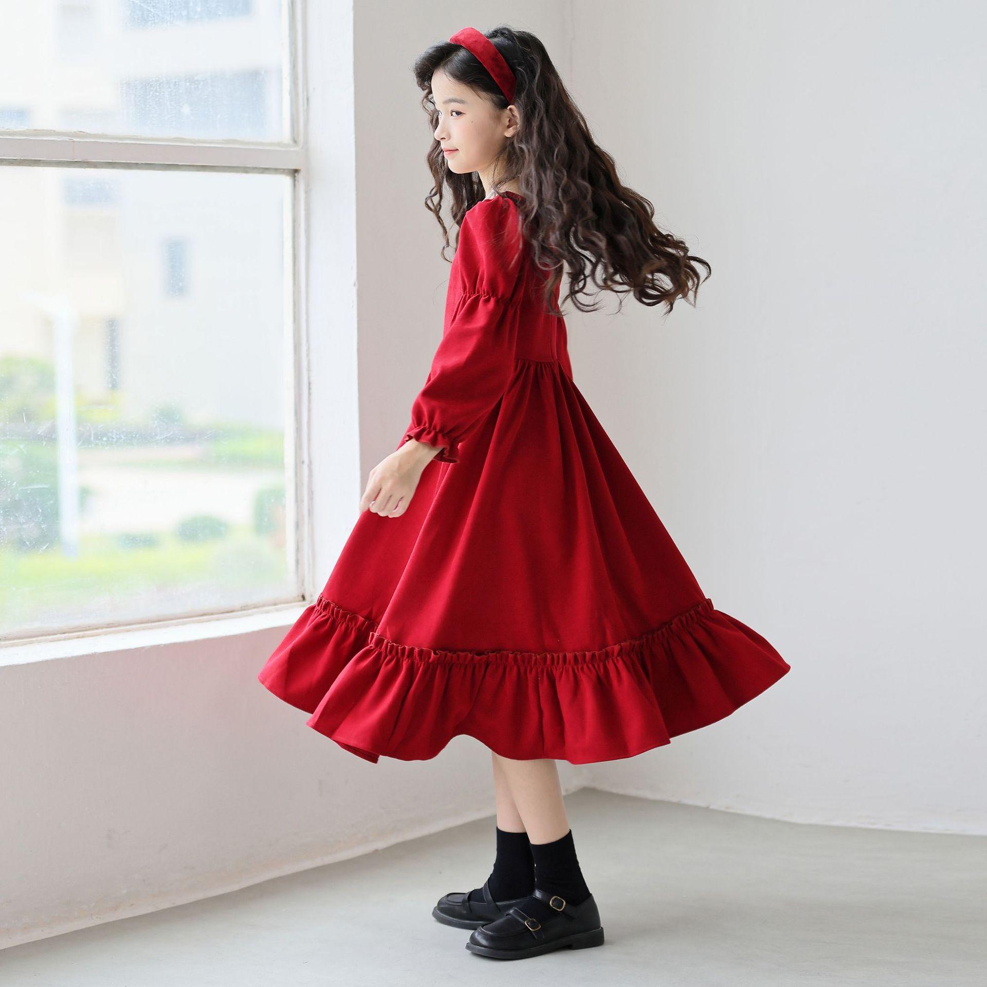 Cute Vintage Girls Lolita Long Sleeve Princess Long Dress For Kids Children 120cm