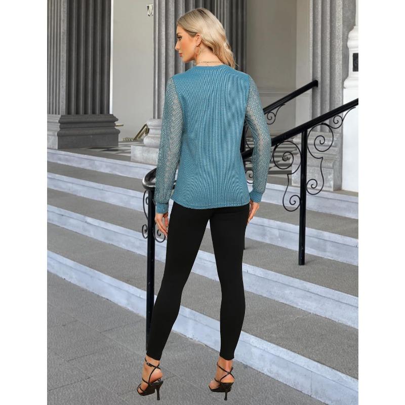 Spring Autumn Women's Plus Size Waffle Lace Splicing Long Sleeve Round Neck Top