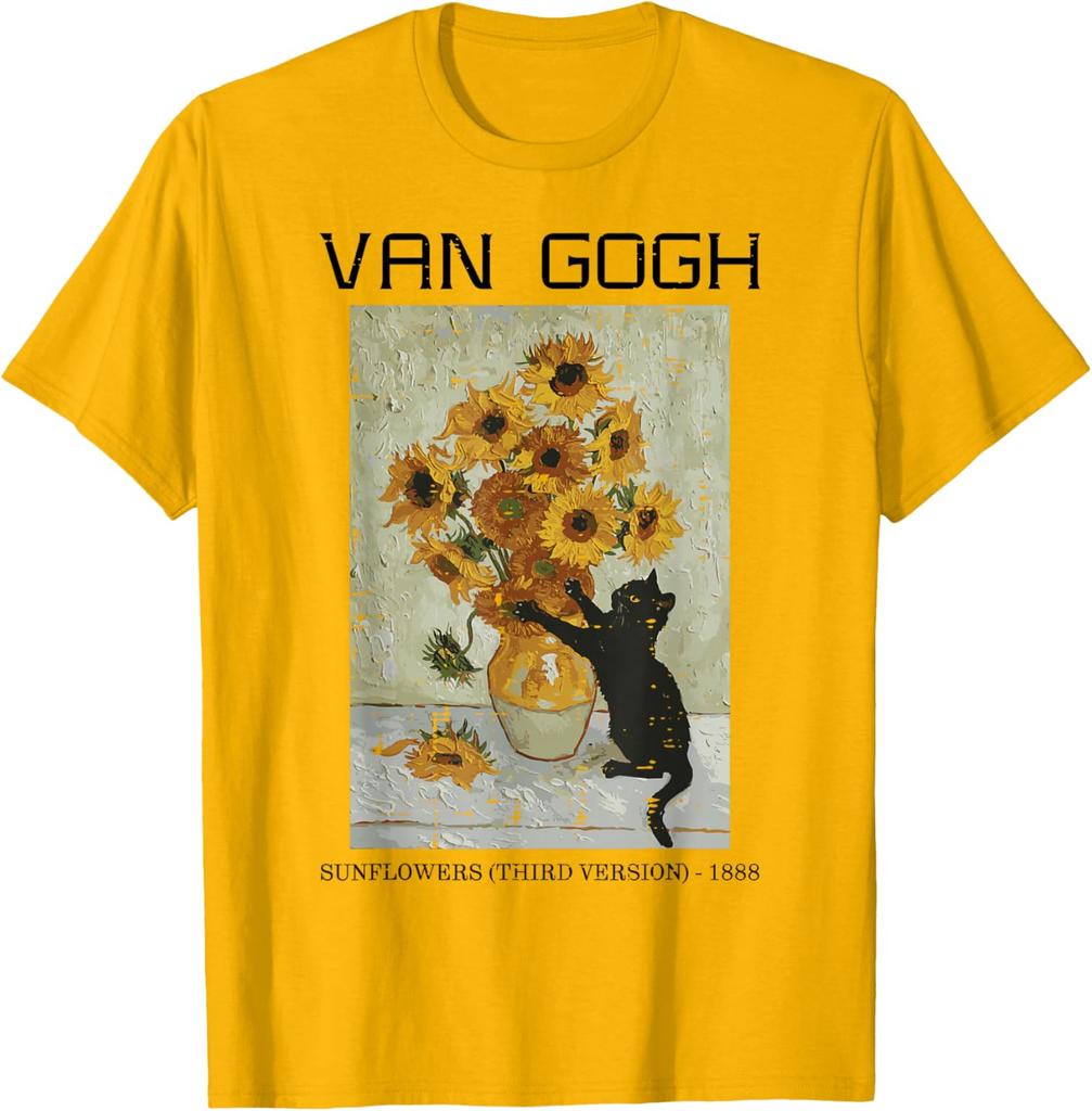Van Gogh Sunflowers Cat Black Cat Art Graphic Tee Casual Short Sleeve TShirt for Men Women