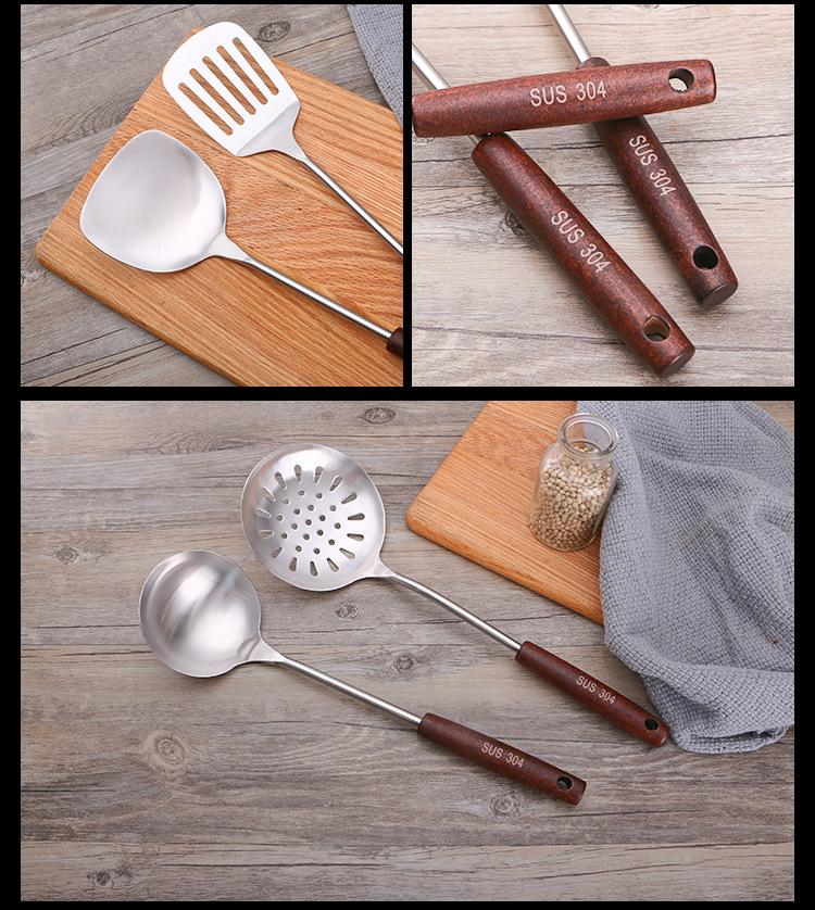 304 Stainless Steel Spatula Ladle Skimmer Set Vintage Wooden Handle High Temp Resistant Kitchen Cooking Utensils
