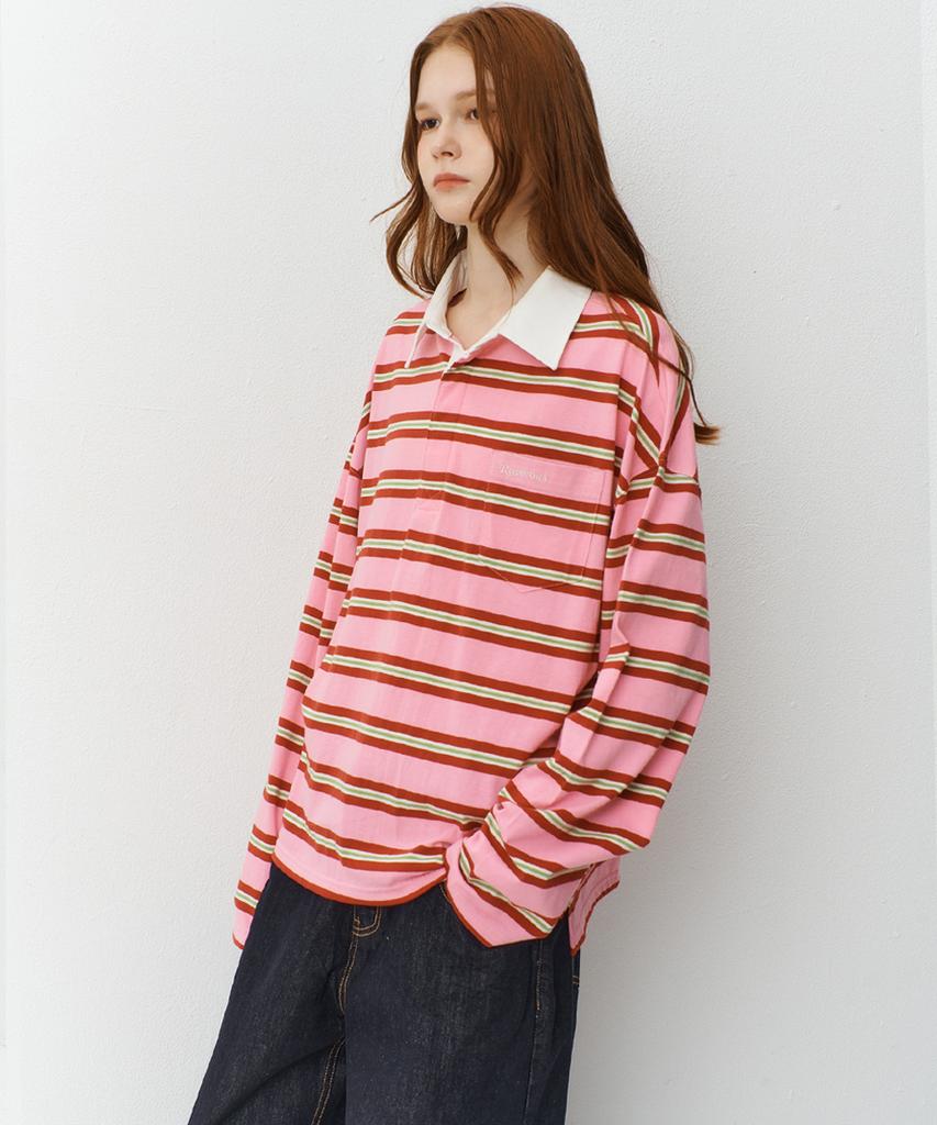 RAVEROUS Oversized Striped Collared T-Shirt_Pink