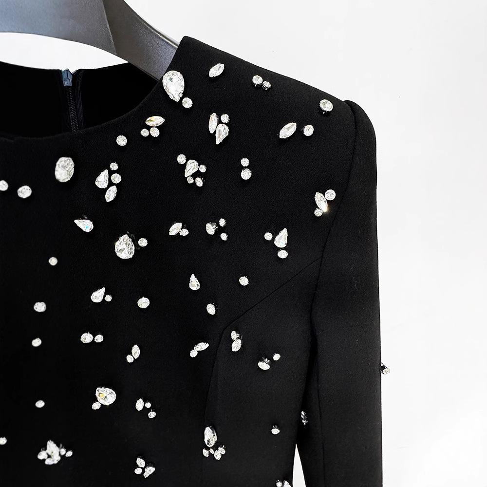Elegant Heavy Beaded Long-Sleeve Diamond Long Dress