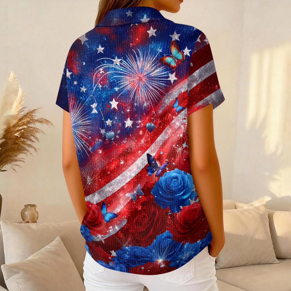 Women’s Short Sleeve Button Down Shirt with Star and Stripe Print Casual Loose Fit Blouse Lightweight Summer Top for Everyday Wear