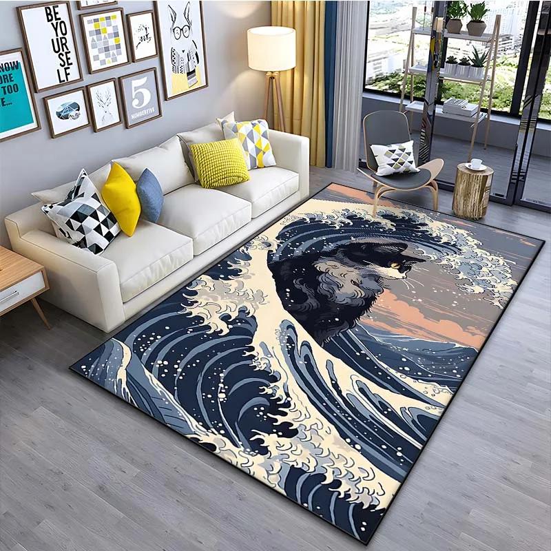 Japanese Art Kanagawa Waves Carpet for Living Room Home Decor Large Area Rug Bedroom Floor Rug Non-slip Easy Washable Mat
