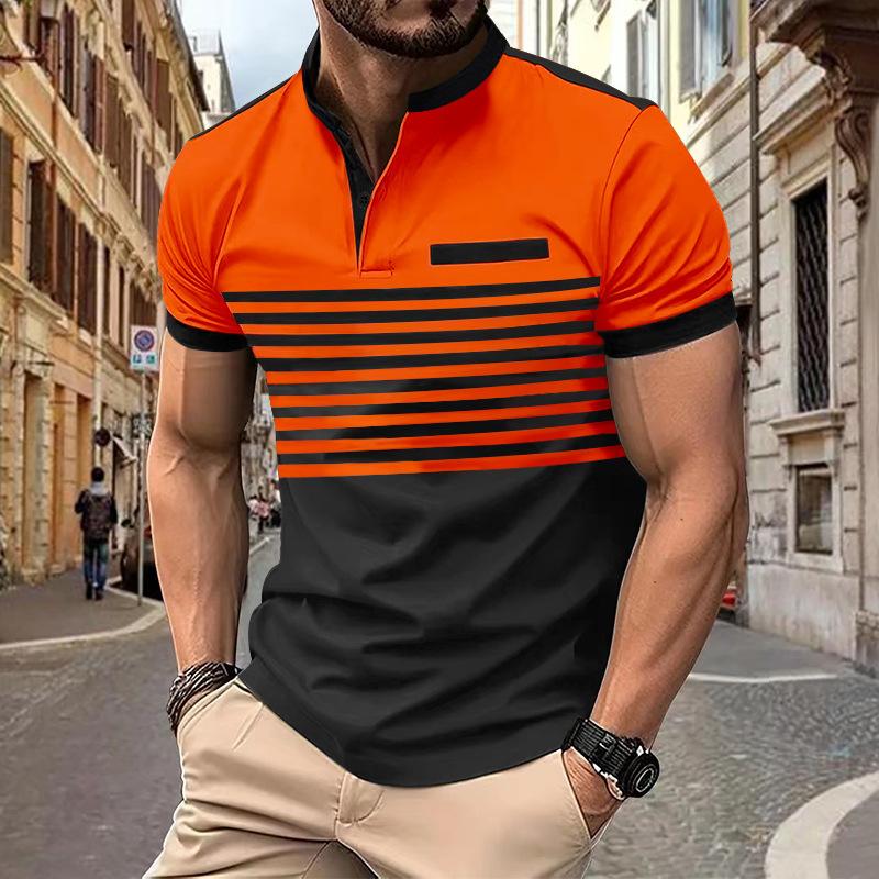 New Contrast-Striped Short-Sleeved Men's Casual Polo Shirt V-Neck Button-Front Top Men's Henley Shirt