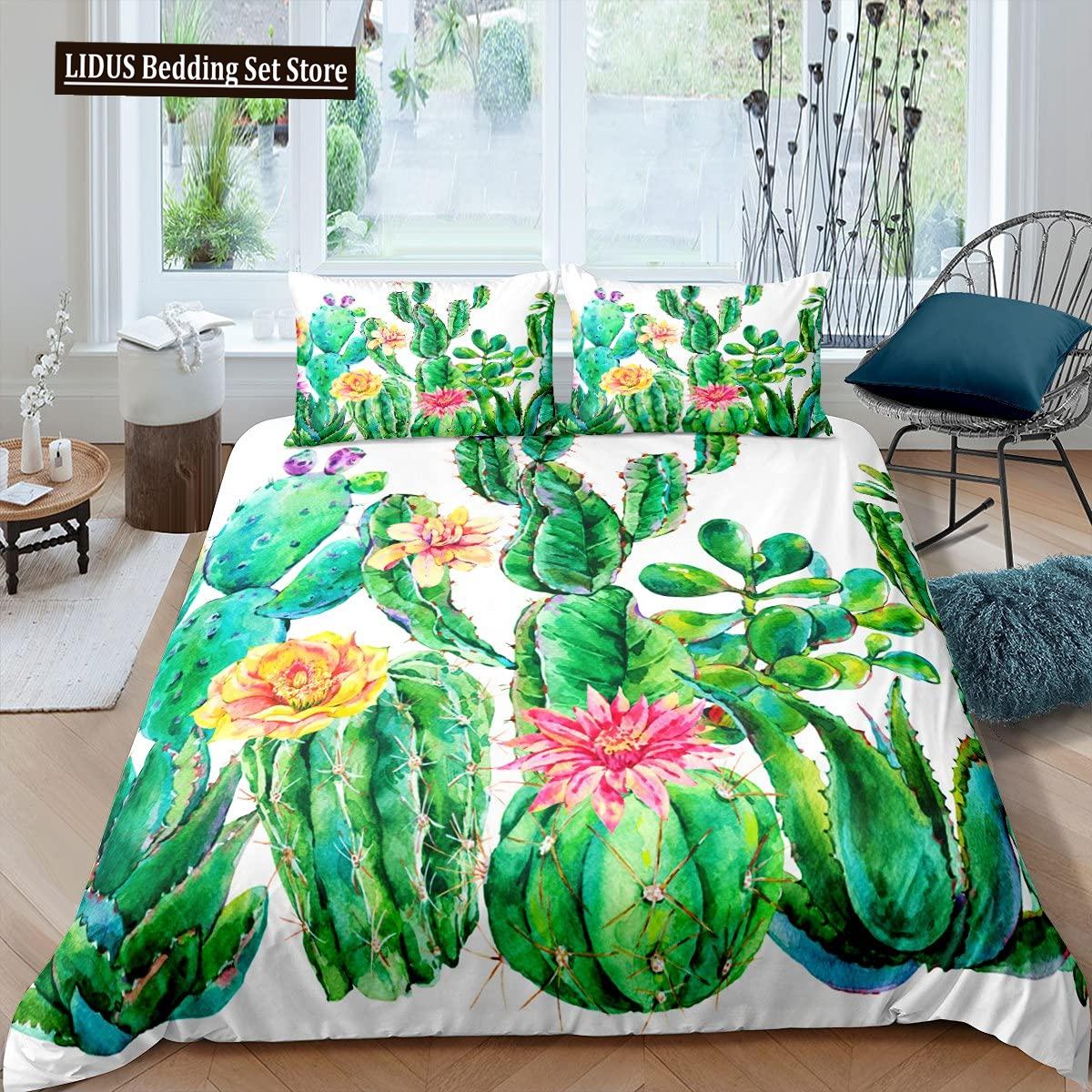 

Bright Cactus Duvet Cover Set Full Queen For Girls Boys Green Plants Succulents Bedding Set Nature Art Soft Chic Comforter Cover EU single(135x200cm)