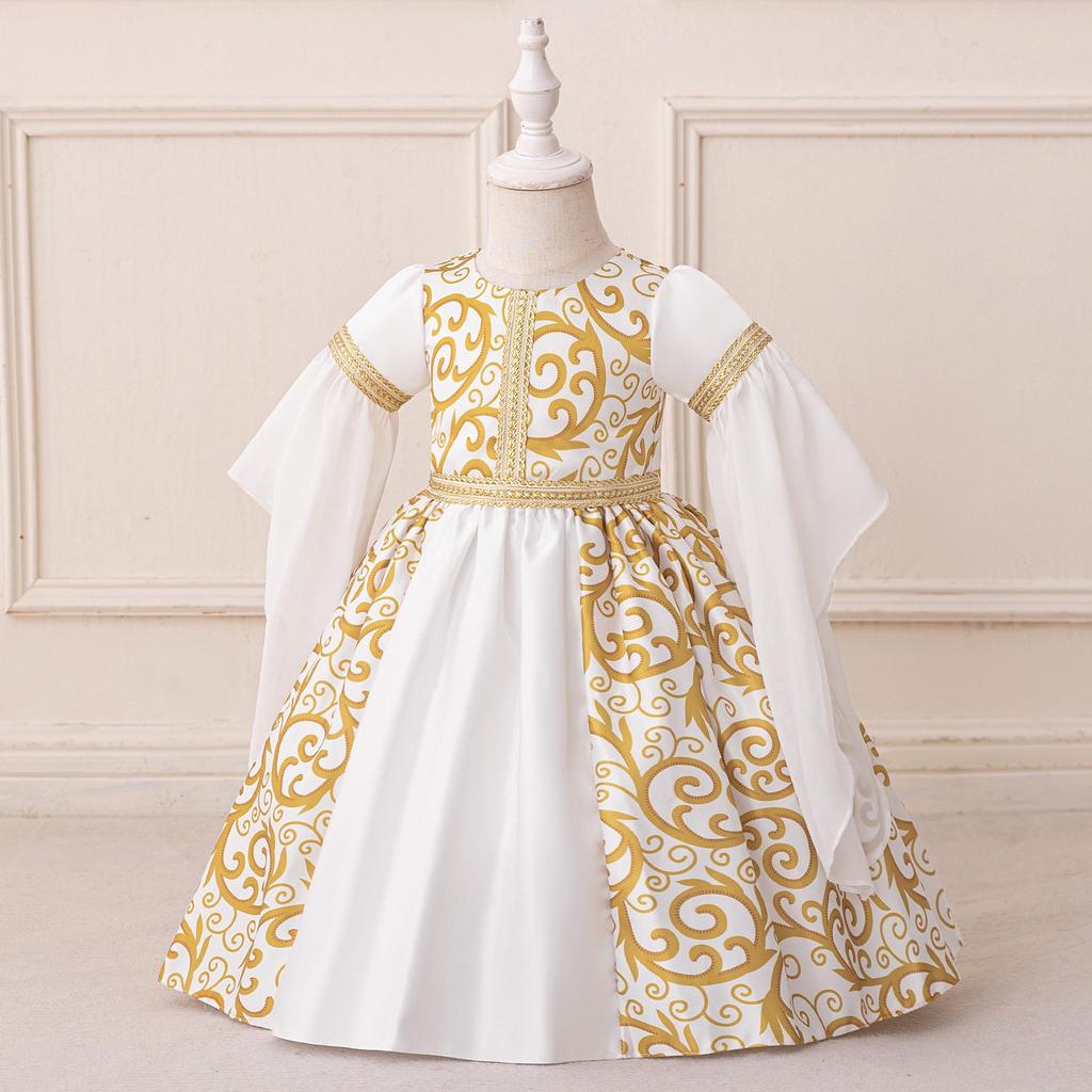 Middle Eastern Muslim Princess Evening Dress for Toddlers - White Patchwork Design