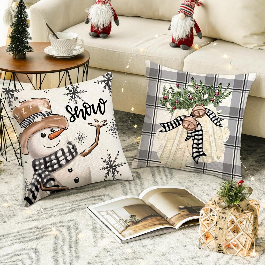 1 \ 4pcs gray Christmas snowman, Christmas reindeer print pillow cover, home sofa decoration cushion cover (without pillow core)
