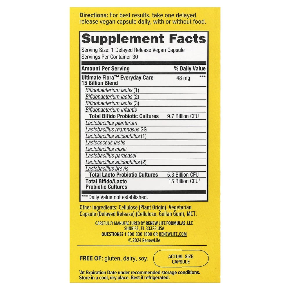 RenewLife Ultimate Flora Everyday Probiotic, 15 Billion Active Cultures, 30 Veggie Capsules