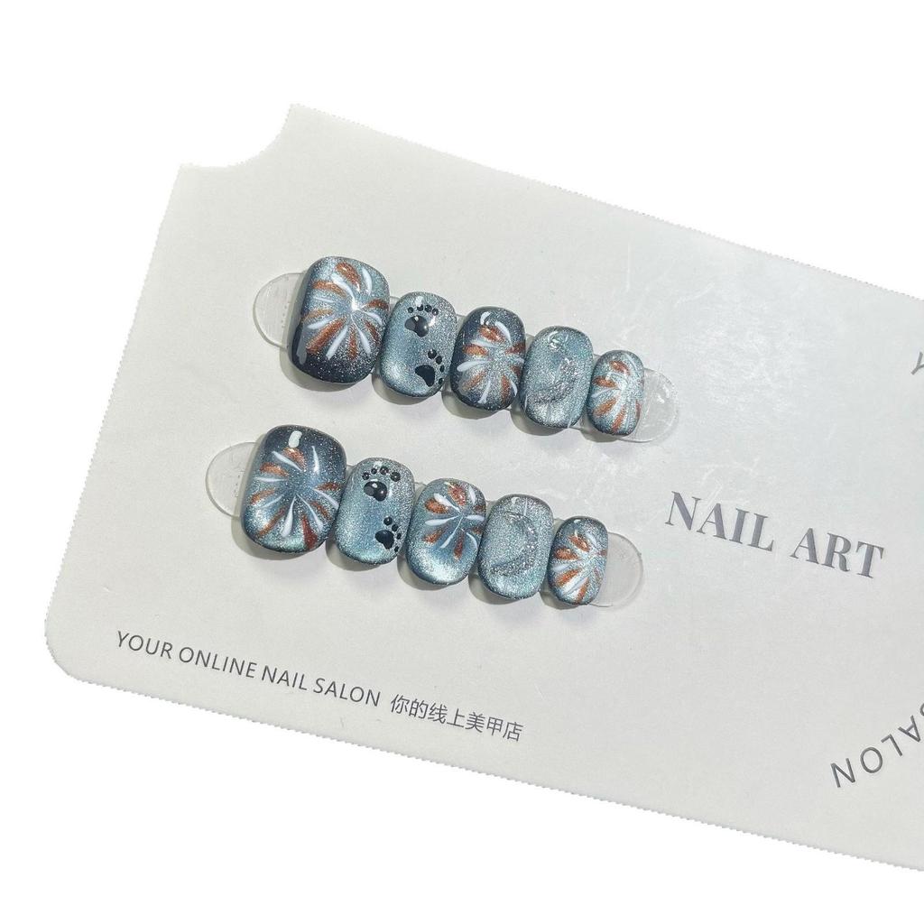 New Year Firework Cat Eye Handmade Press-On Nails - Luxury Hand-Painted Kitten Nail Art Patches