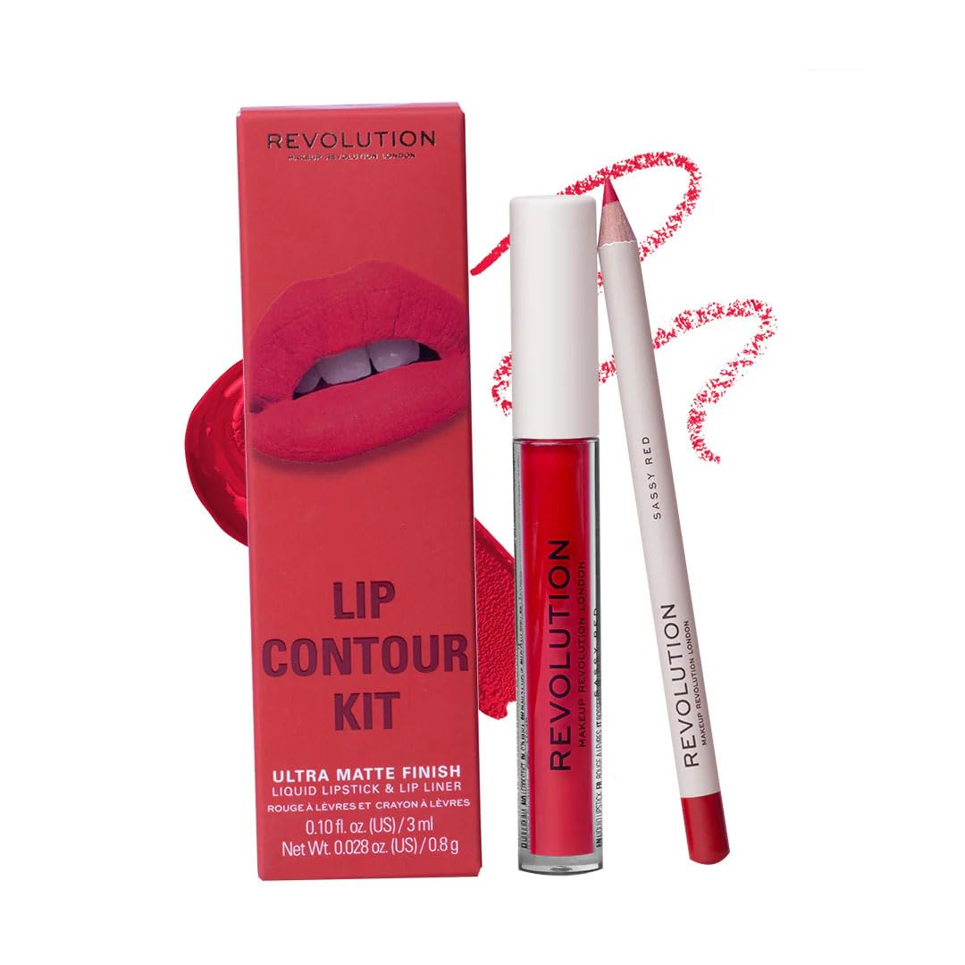 

Makeup Revolution - Набор для контуринга губ - Sassy Red | Высокопигментированный | Стойкая матовая жидкая помада | Кремовая формула | Легко наносится - 3 мл