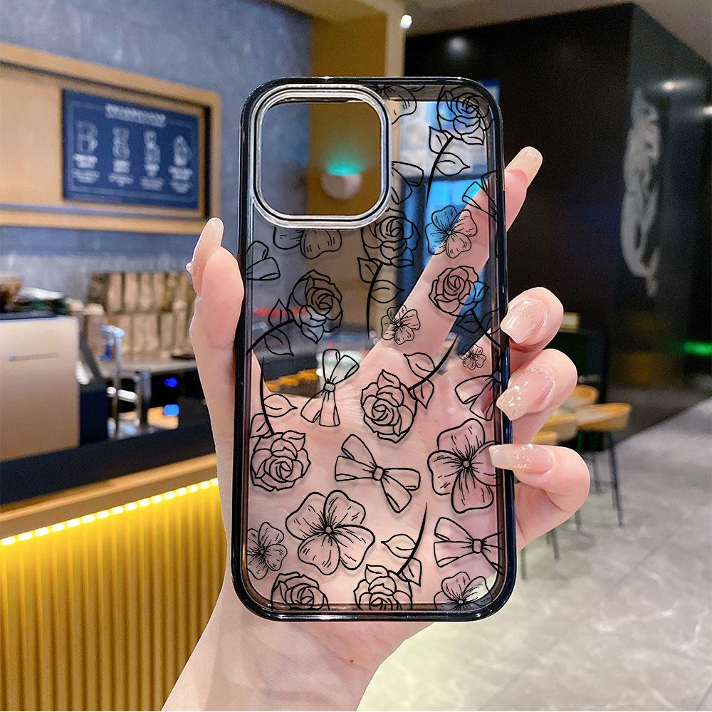 Sketch sweet rose mobile phone case iPhone15 magnetic transparent Apple 17promax anti-drop protective case 16