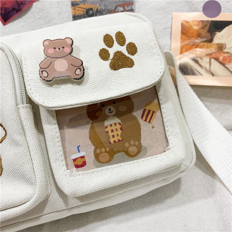 Fashion Canvas Small Bag Japanese Ins Women Shoulder Bag Cute Funny Personality Embroidery Bear Teenager Girl Student Transparent Messenger Bag