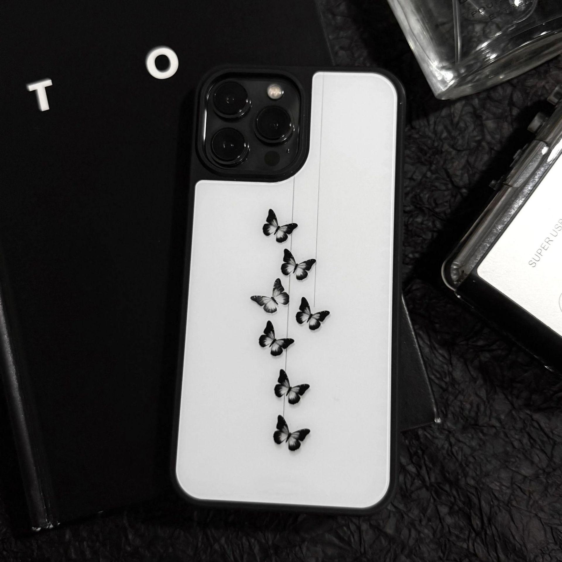 ins простой черно-белый бабочка подходит для чехла мобильного телефона Apple iPhone16/17 14 матовый pc15 нишевый 13 большие отверстия IPhone17ProMax