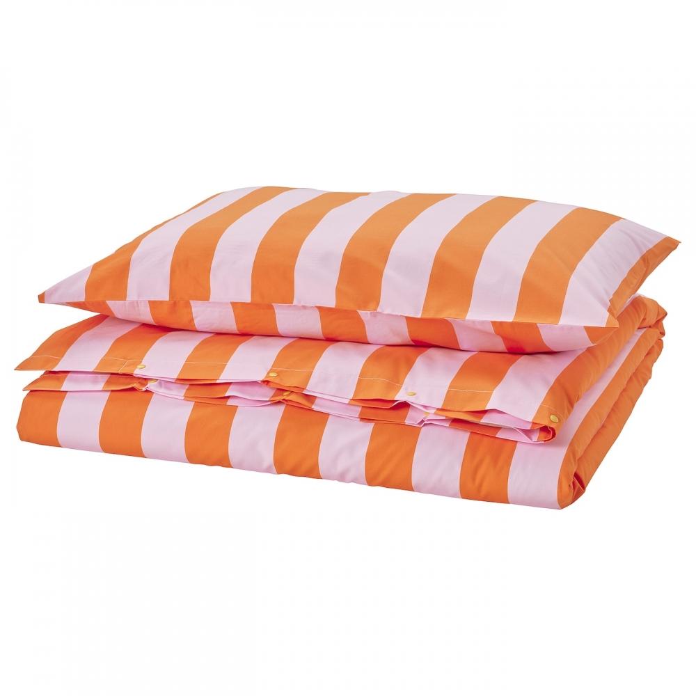 

IKEA SL NH STMAL Slonghorst Пододеяльник+наволочка оранжево-розовая полоска 150х200 50х80 см