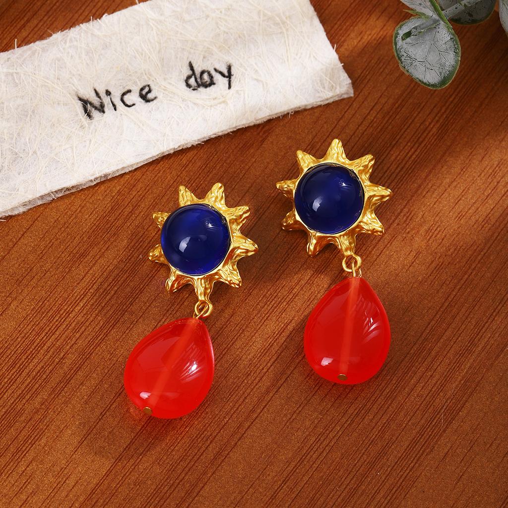 Design Sense Three-Color Sun Flower Stud Earrings, Retro Personality Geometric Water Drop High-End Sense Earrings For Women