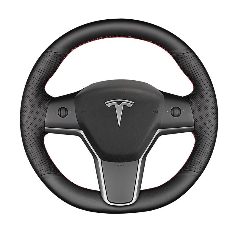 Tesla Hand-Stitched Genuine Leather Steering Wheel Cover for Models 3/Y/X/S - Full Coverage, Anti-Slip Grip.
