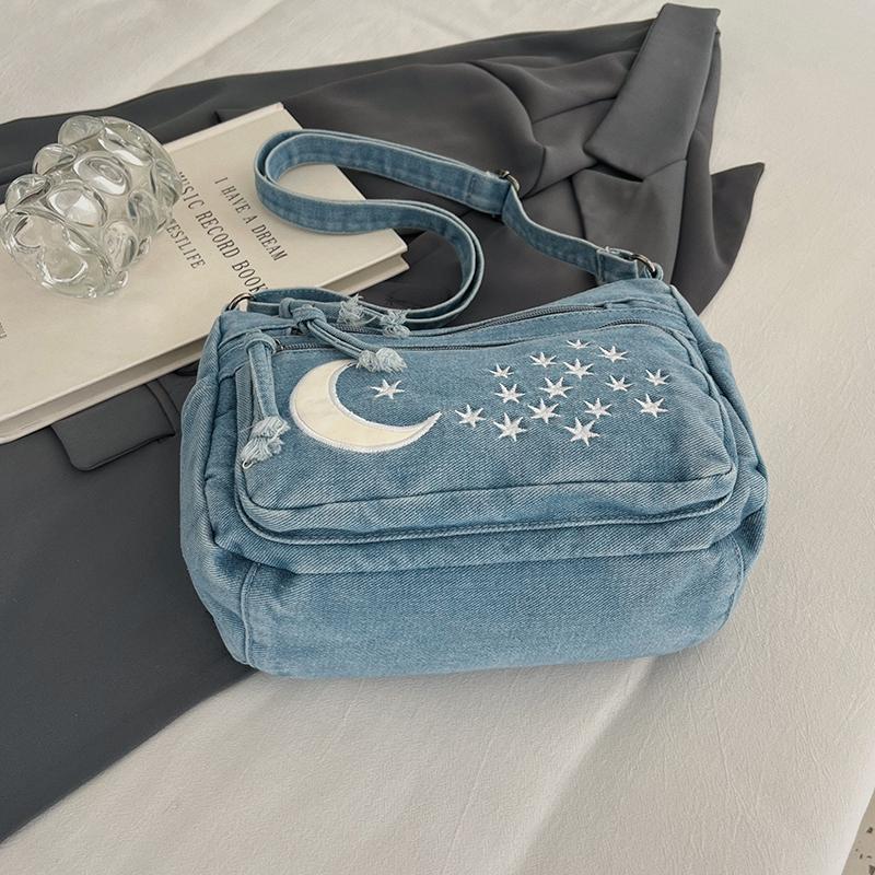 Borsa di Jeans a Spalla Singola Multi-cerniere Borsa a Tracolla Retrò Borsa per Mamma di Mezza Età