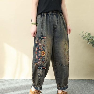Konstnärliga Retro Broderade Jeans Damkläder Vår Höst Lösa Hög Midja Elastiska Denimbyxor Kvinnliga Vardagsbyxor