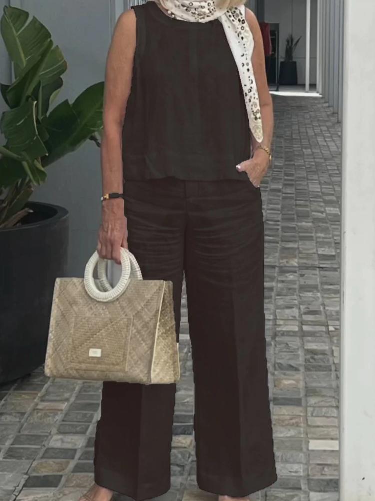 Women's Summer Casual Sleeveless Round Neck Top and Wide Leg Pants Set In Multiple Colors
