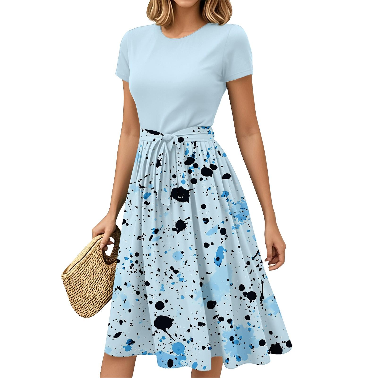 

Женская мода Повседневный пояс С коротким рукавом Круглый вырез Геометрический принт Сплайсинг Элегантные платья с темпераментом XL