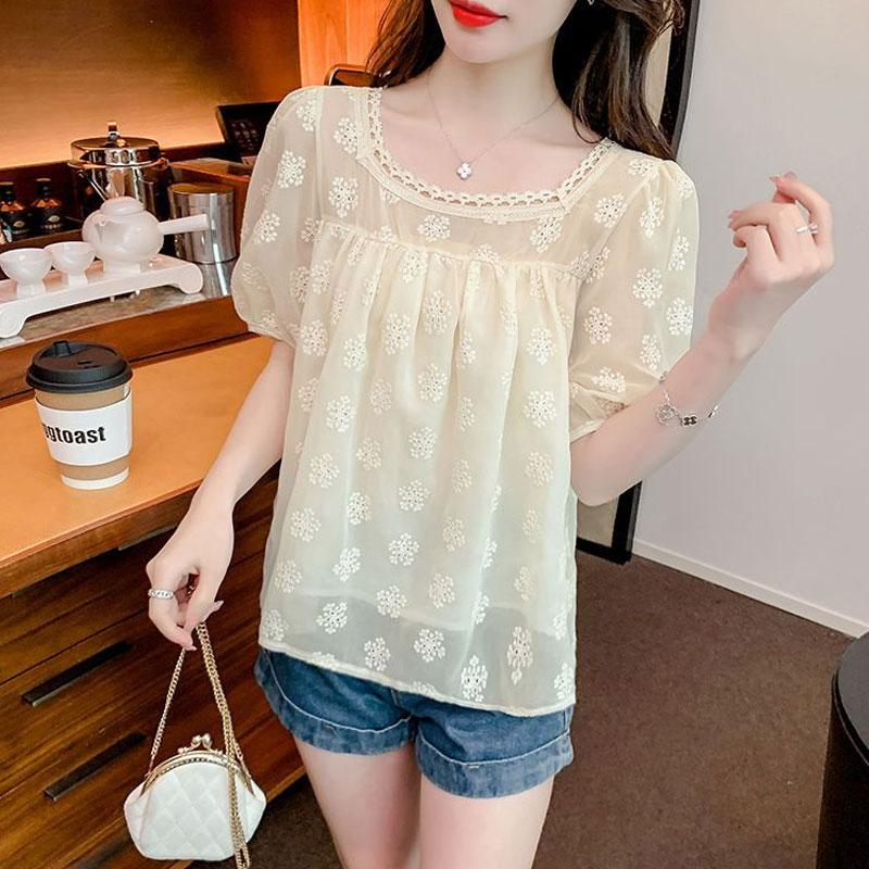 Summer Elegant Square Collar Shirt Sweet Hollow Out Embroidery Women's Loose French Style Puff Sleeve Spliced Folds Blouse