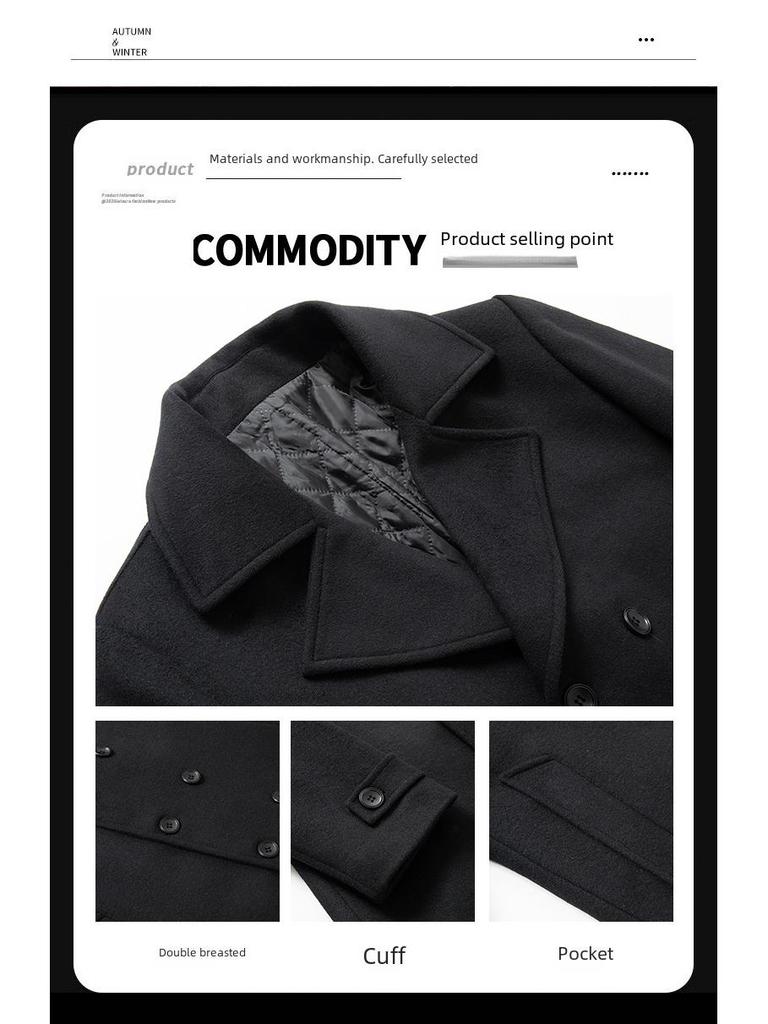 Men's European-Size Double-Breasted Woolen Coat - Medium Length, Fashionable Lapel for Autumn & Winter