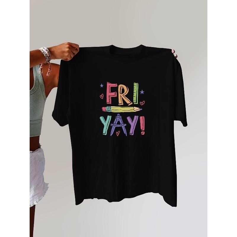 

European Size Women S Casual Crew Neck T-Shirt with FRI YAY! Design - White, Short Sleeve, Summer Top 4XL