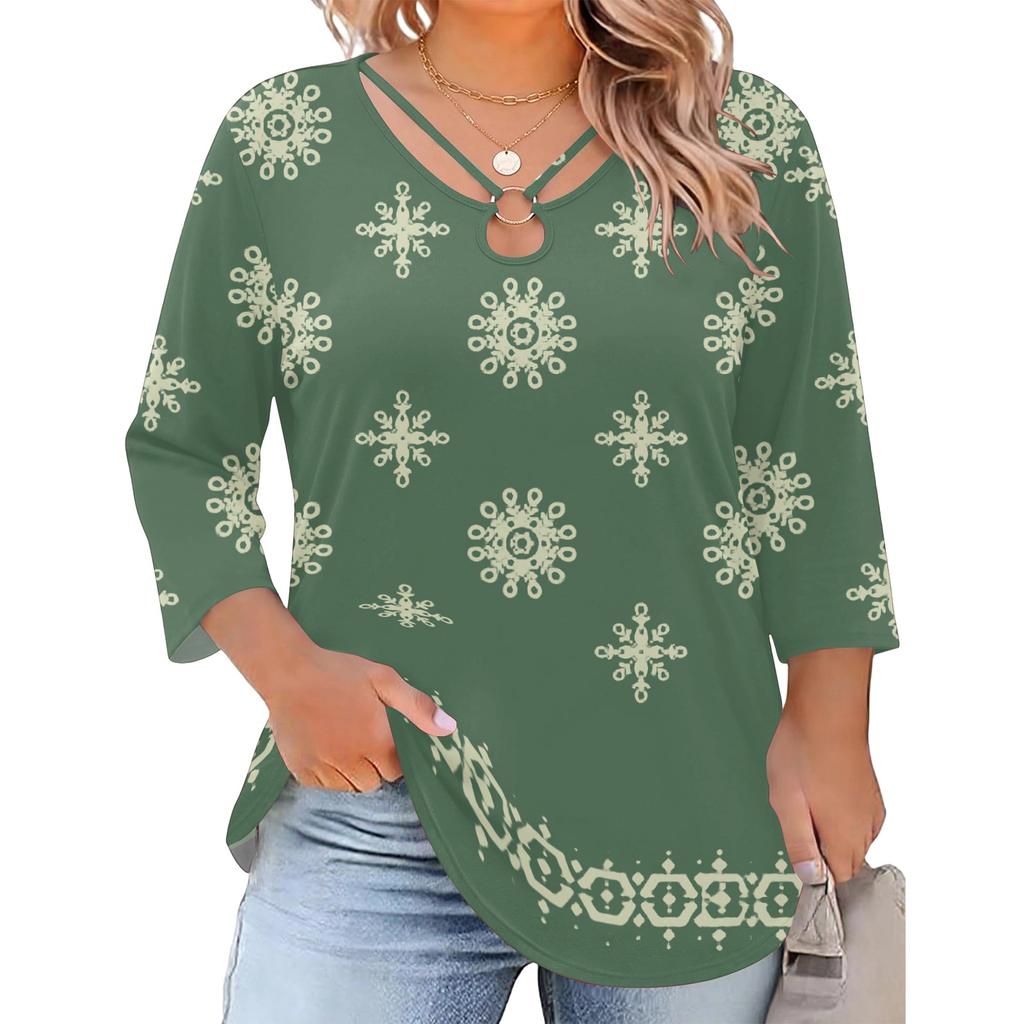 Blusa Floral Feminina Plus Size com Manga Três Quartos, Blusa Casual, Túnica de Corte Amplo para Primavera Verão, Uso Diário, Trabalho e Saídas